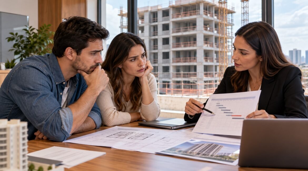 Casal conversando com corretora sobre atraso na entrega de imóvel em construção