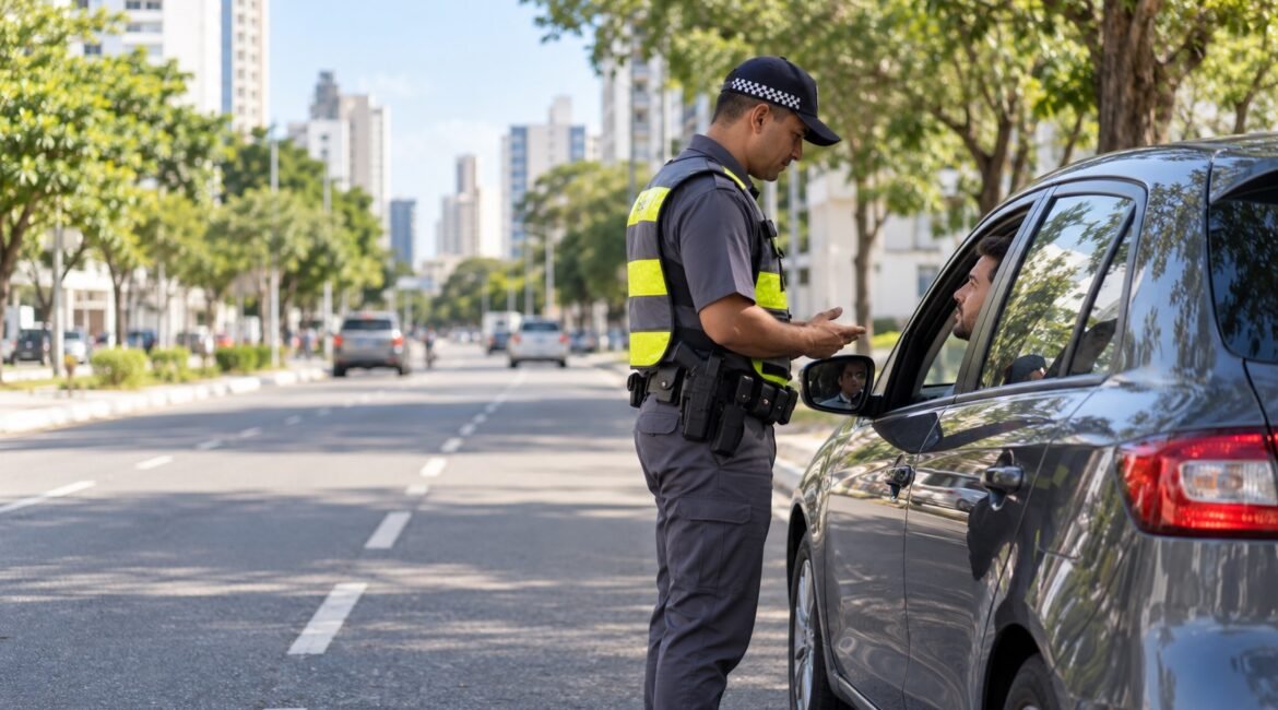 Abordagem policial de veículo em via pública durante fiscalização