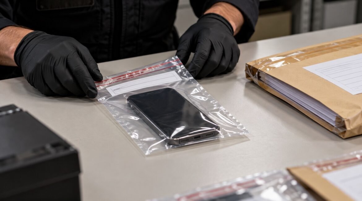 Celular apreendido lacrado em embalagem de evidência sem acesso ao conteúdo