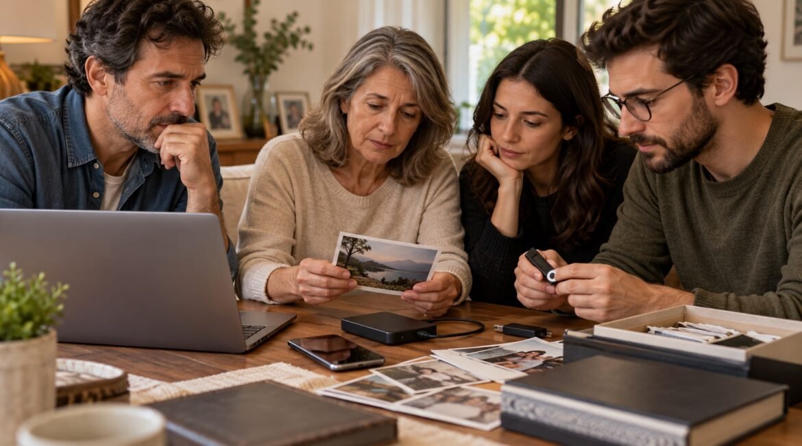Família organizando fotografias, arquivos e dispositivos de uma herança digital