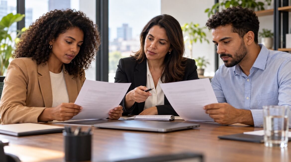 Trabalhadores comparando documentos salariais em reunião com profissional de recursos humanos