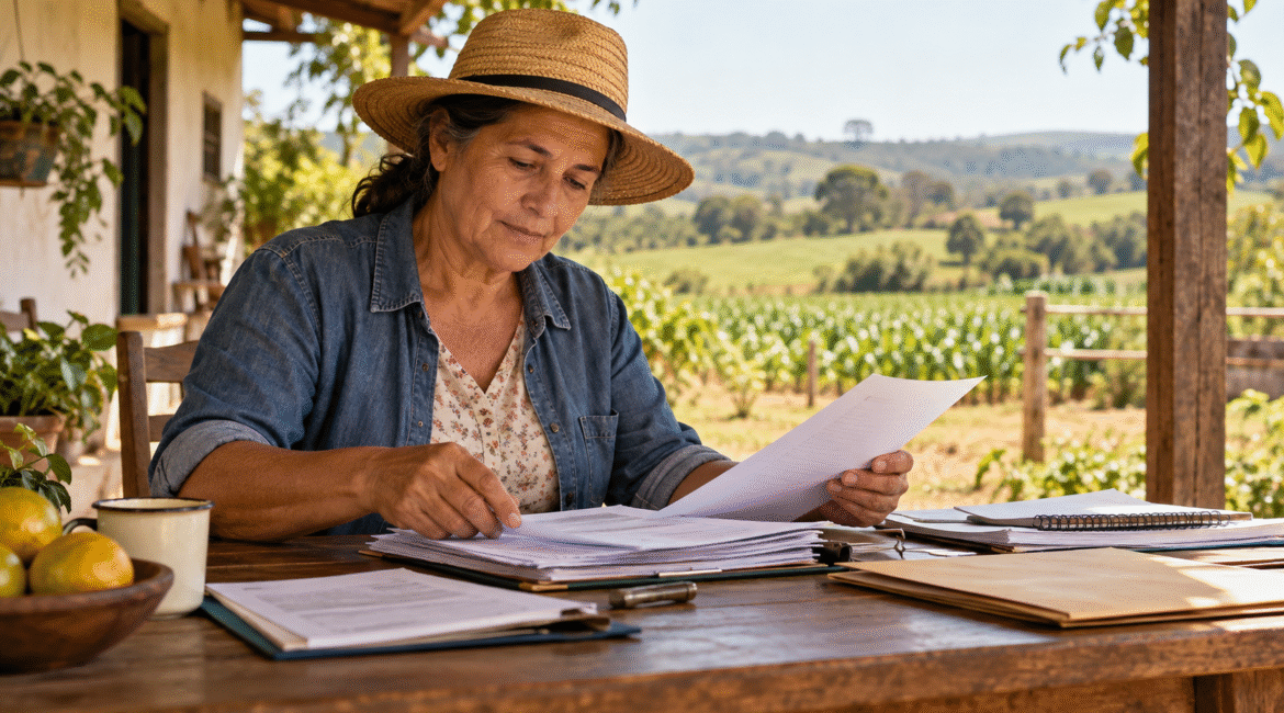 Mulher trabalhadora rural organizando documentos para pedir aposentadoria no INSS