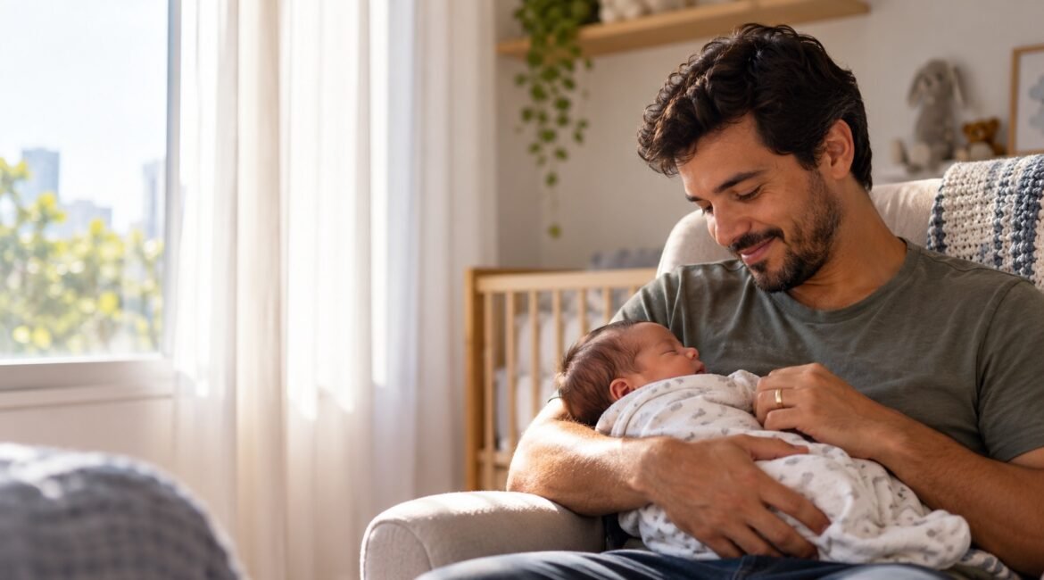 Pai cuidando de bebê durante período de licença-paternidade em casa