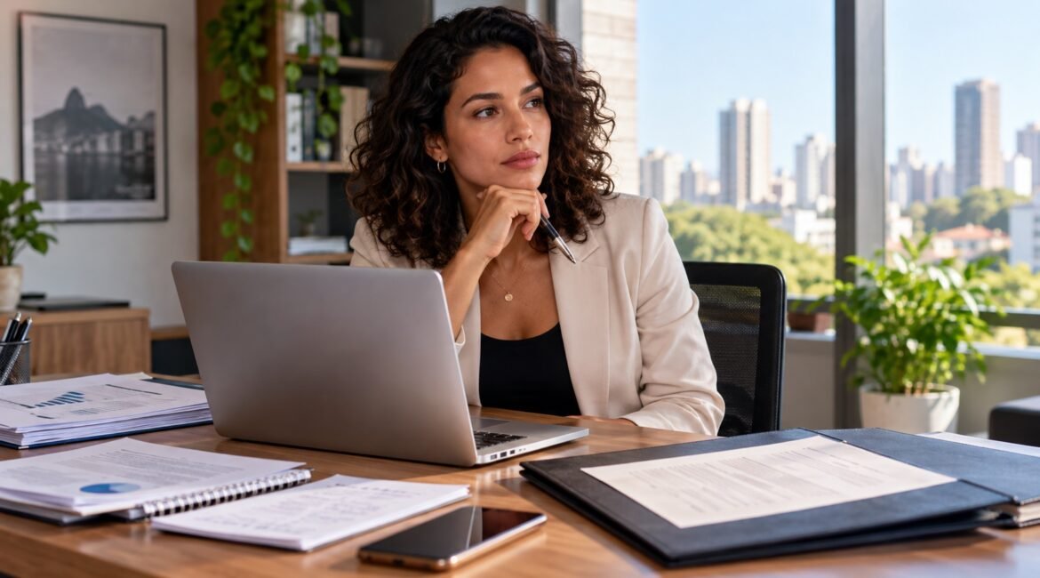 Profissional analisando contrato de prestação de serviços e rotina de trabalho
