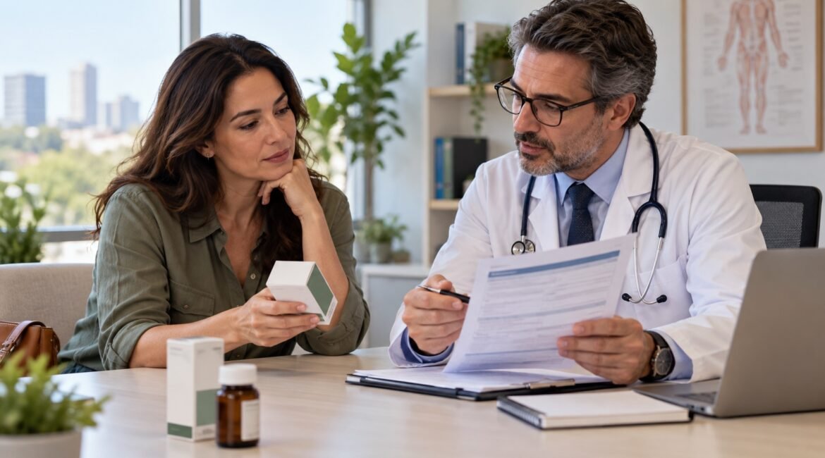 Paciente e médico analisando prescrição e cobertura de plano de saúde para medicamento