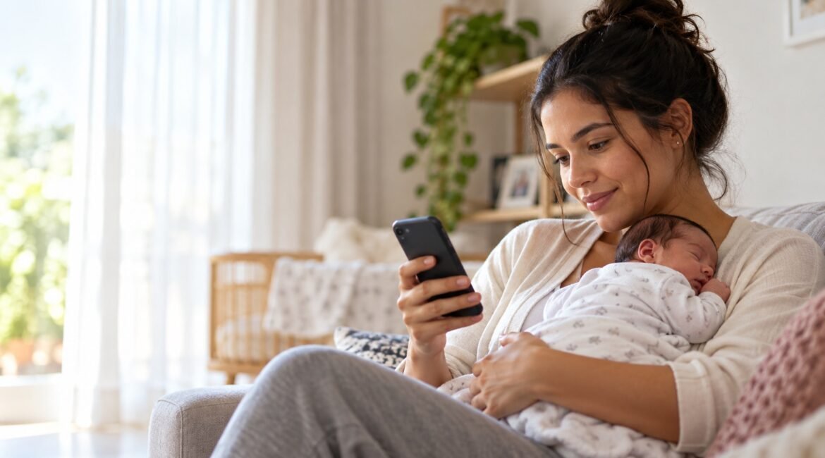 Mãe com bebê consultando pedido de salário-maternidade pelo celular