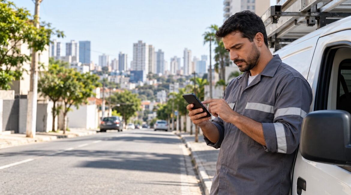 Profissional externo consultando rota e horário de trabalho em aplicativo